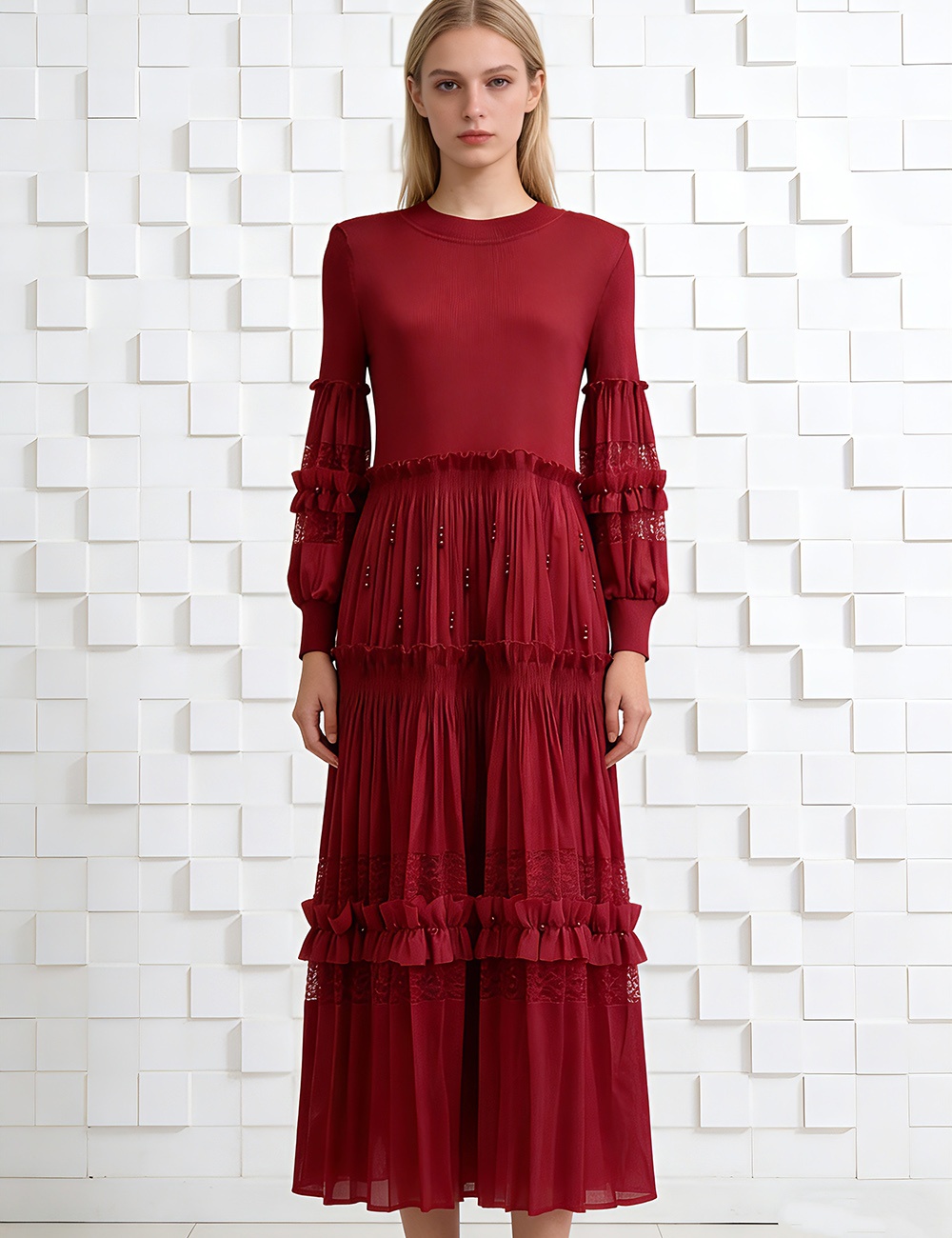 Cake splice beading wood ear lace banquet dress for women