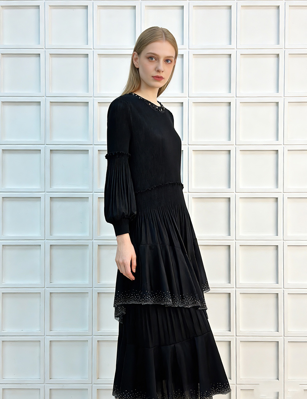 European style fold beading lantern sleeve dress