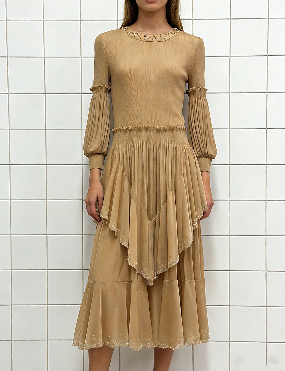 European style fold beading lantern sleeve dress