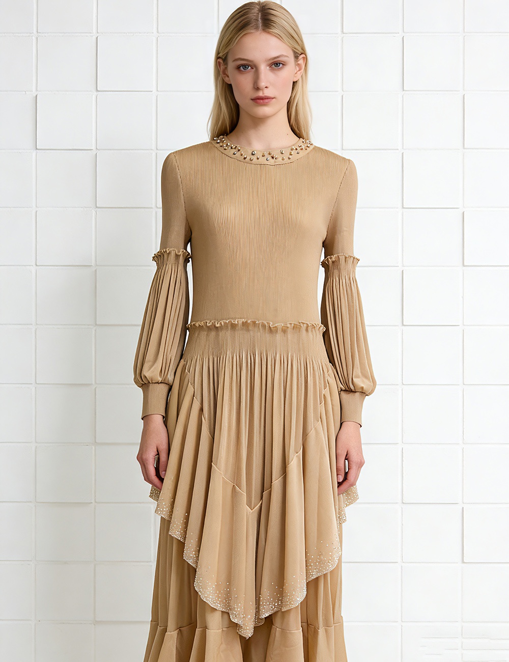 European style fold beading lantern sleeve dress