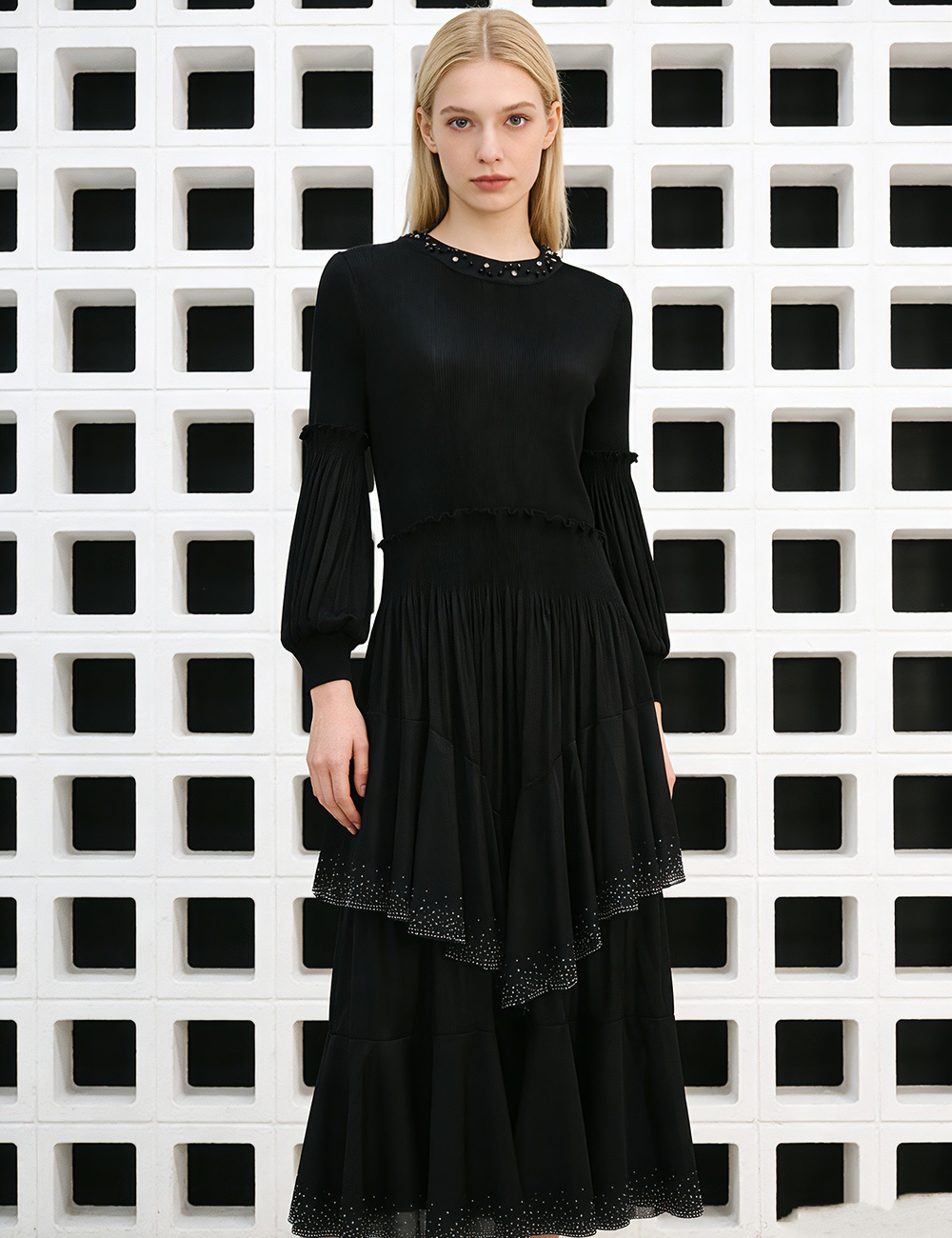 European style fold beading lantern sleeve dress