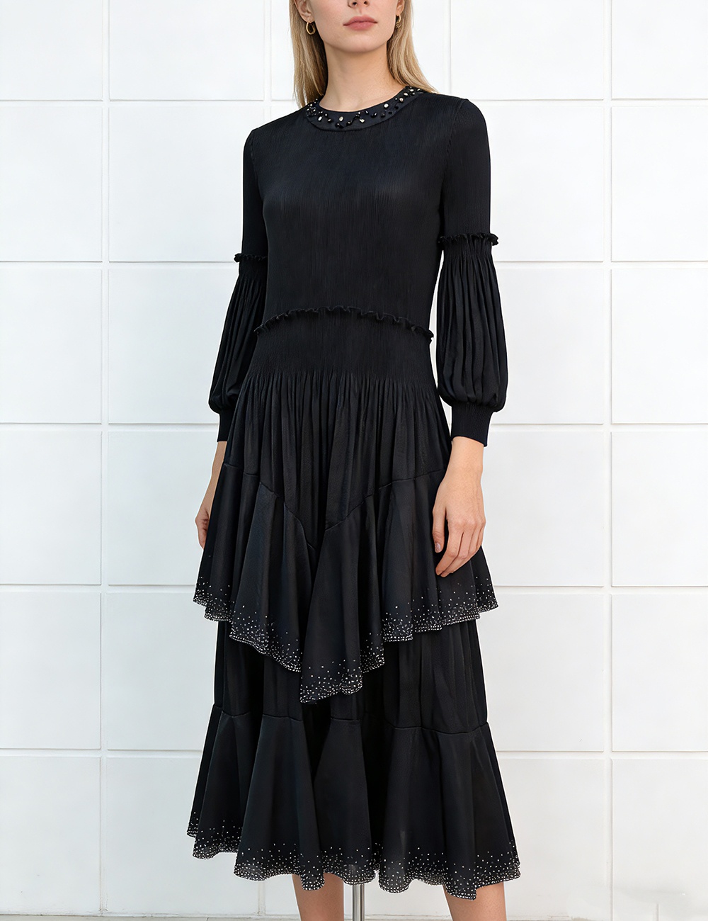 European style fold beading lantern sleeve dress