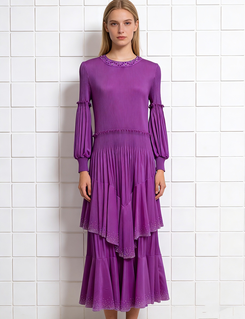 European style fold beading lantern sleeve dress