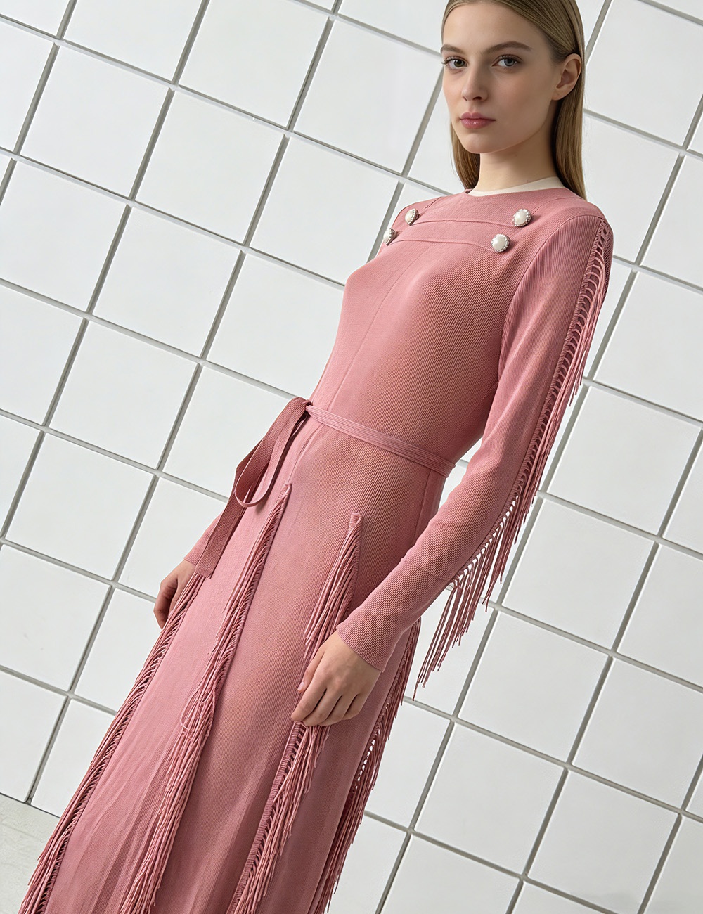 High waist straps European style buckle tassels dress