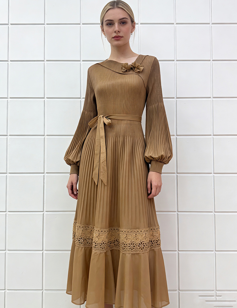 European style stereoscopic fold lace long dress