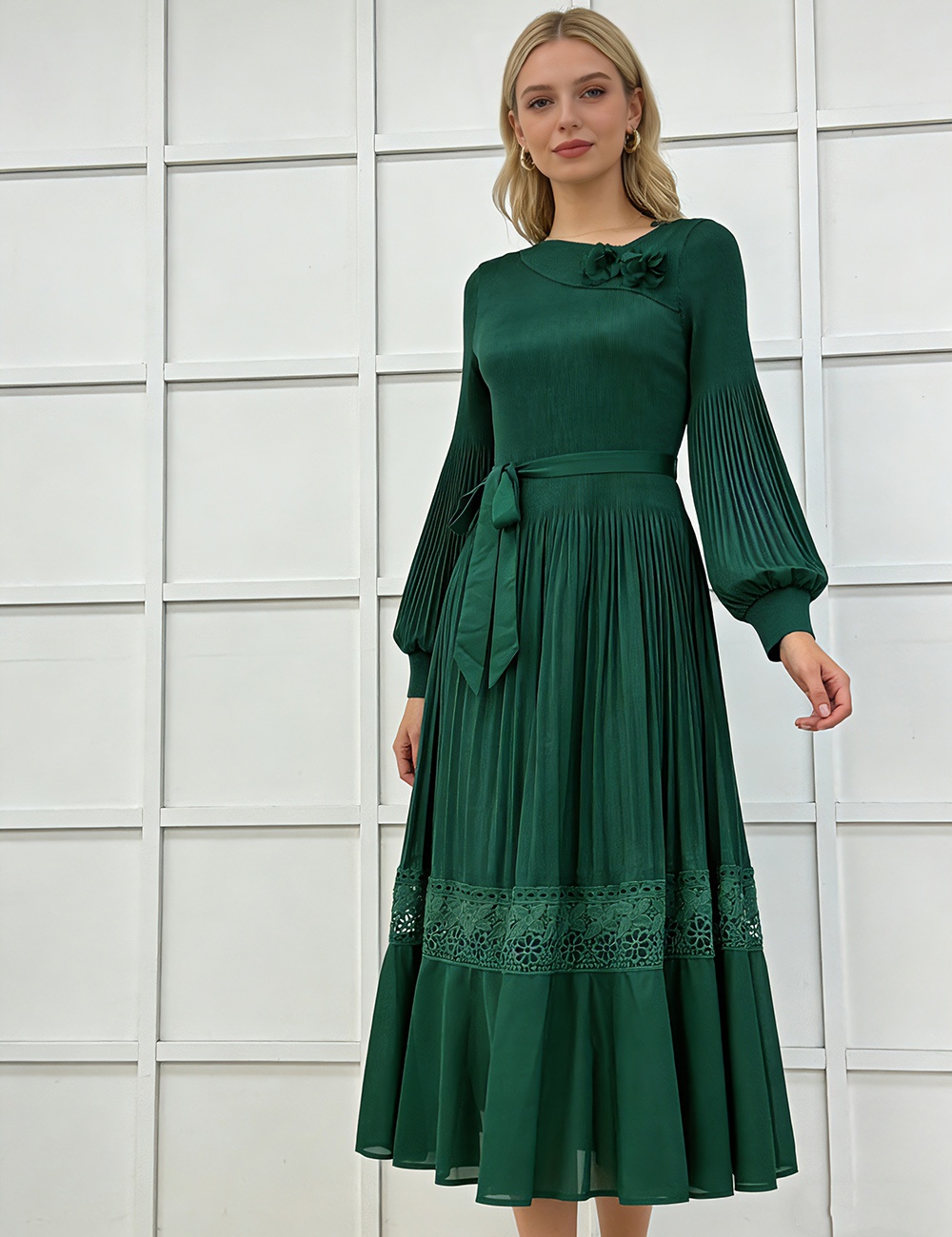 European style stereoscopic fold lace long dress