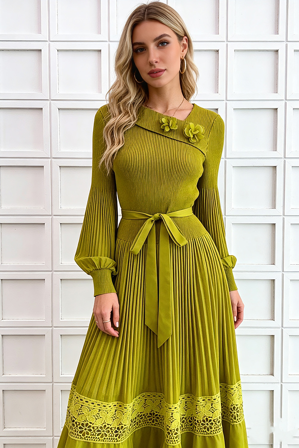 European style stereoscopic fold lace long dress