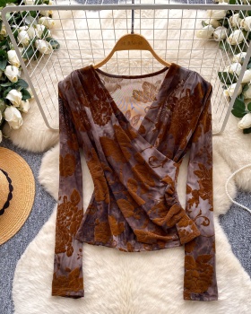 V-neck ink inside the ride T-shirt retro flocking tops