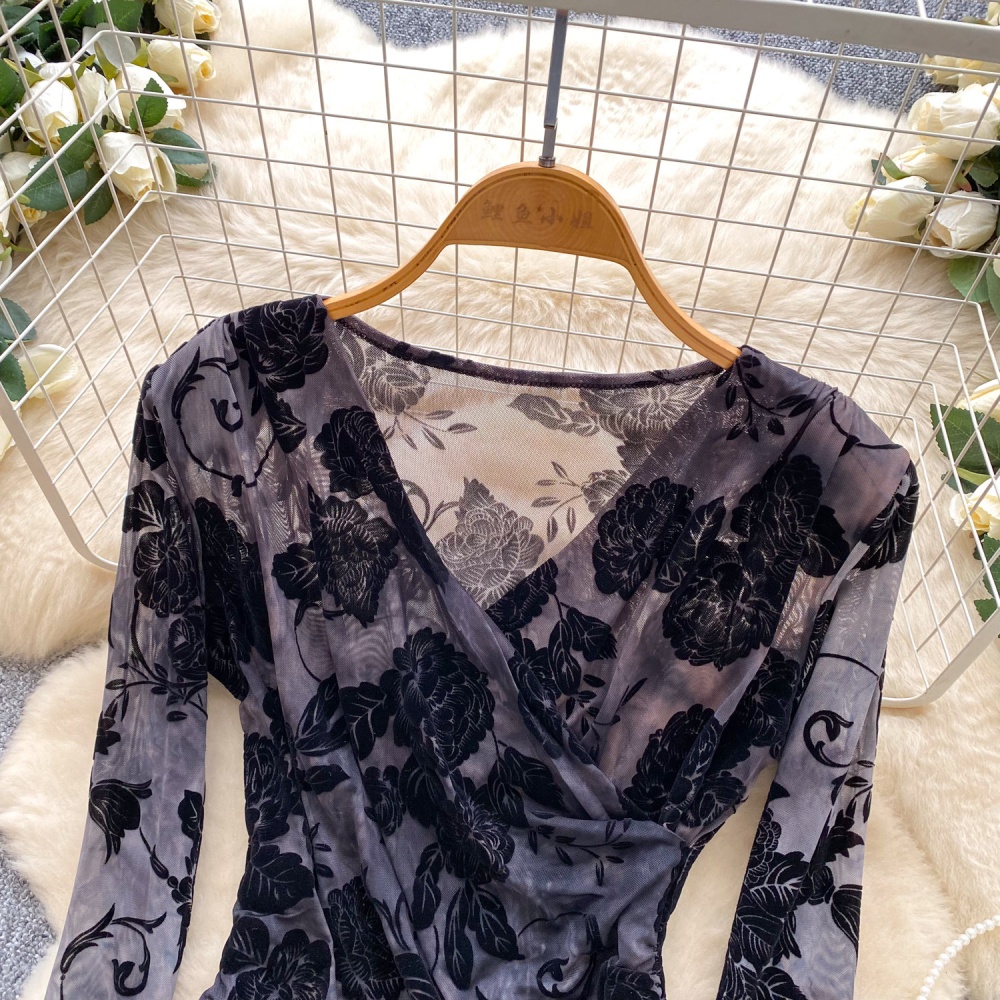 V-neck ink inside the ride T-shirt retro flocking tops