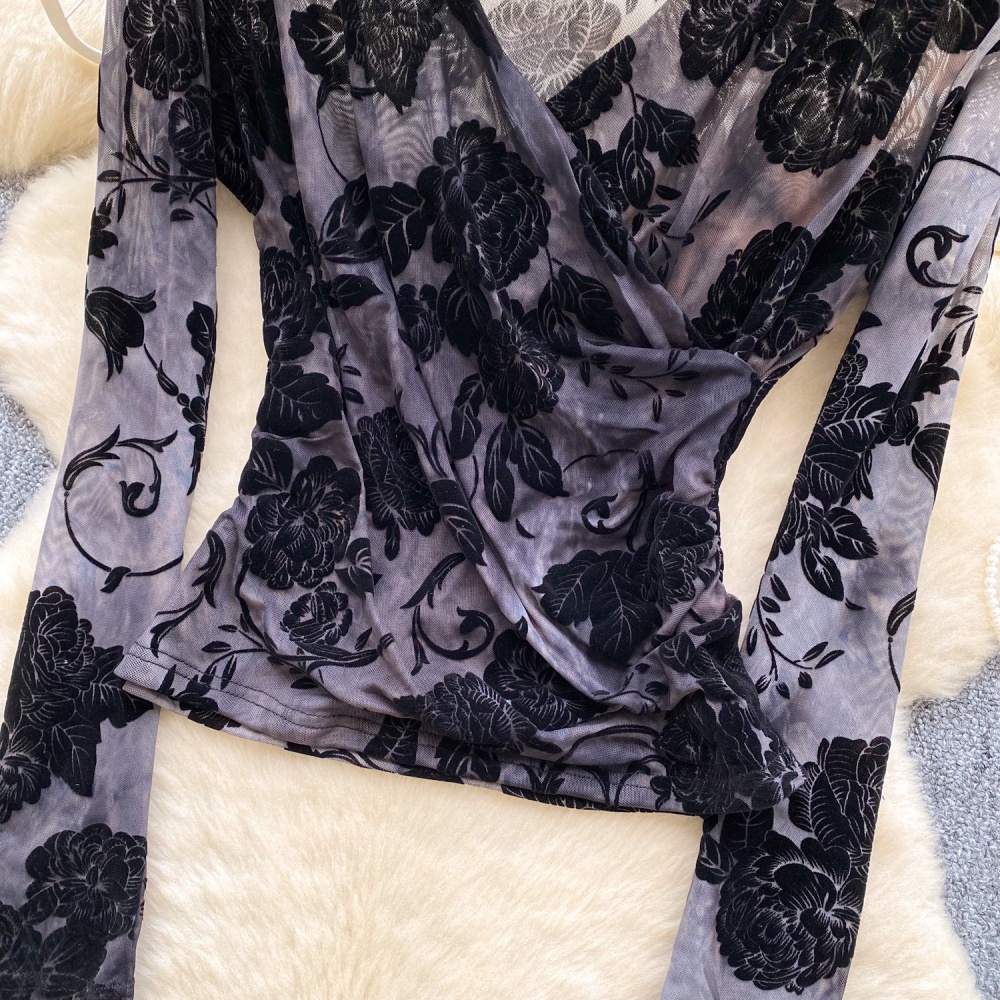 V-neck ink inside the ride T-shirt retro flocking tops