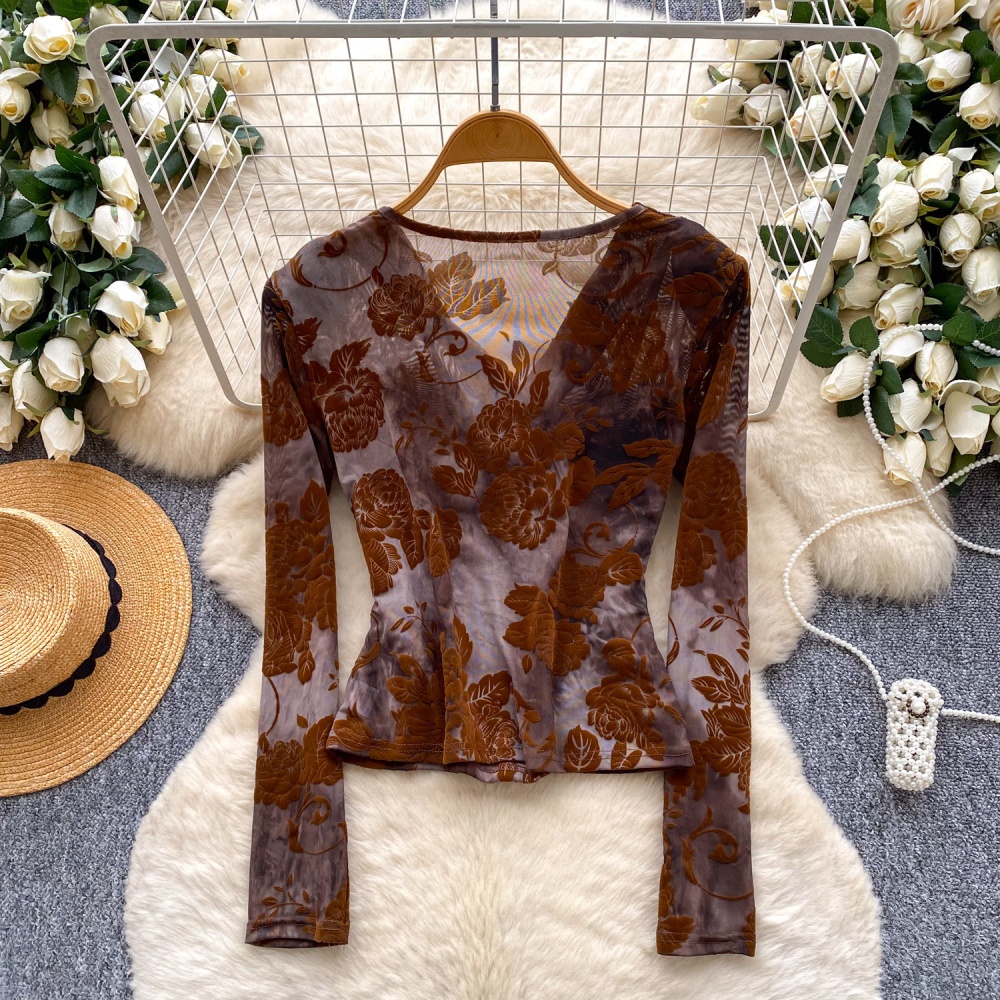 V-neck ink inside the ride T-shirt retro flocking tops