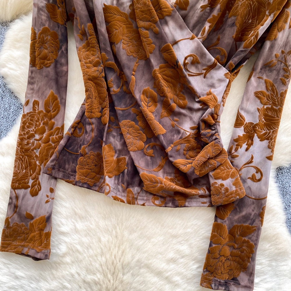 V-neck ink inside the ride T-shirt retro flocking tops