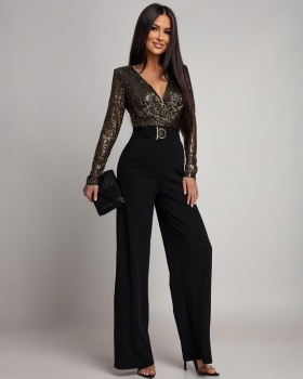 Sexy long sleeve loose V-neck jumpsuit for women
