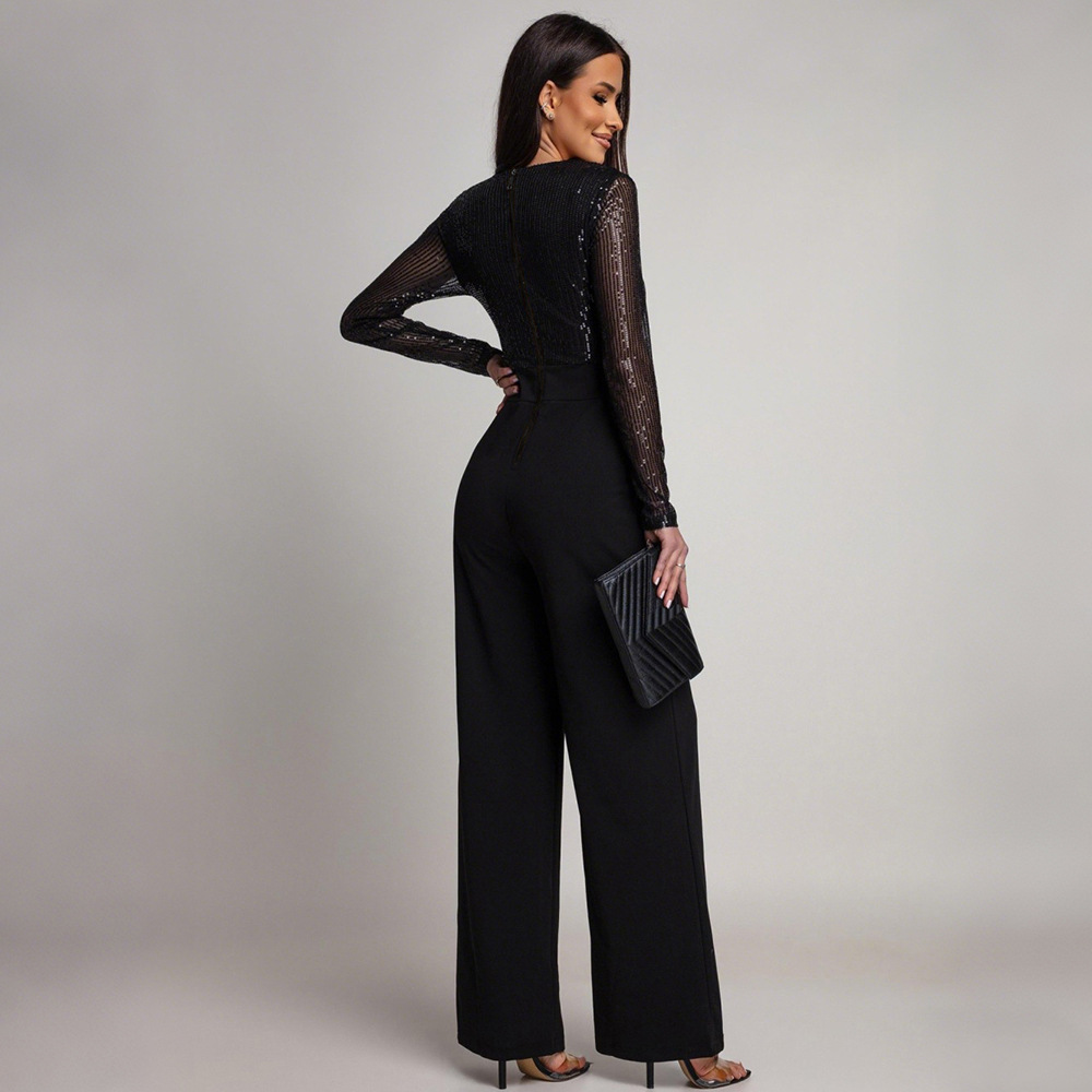 Sexy long sleeve loose V-neck jumpsuit for women