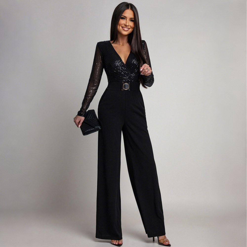 Sexy long sleeve loose V-neck jumpsuit for women