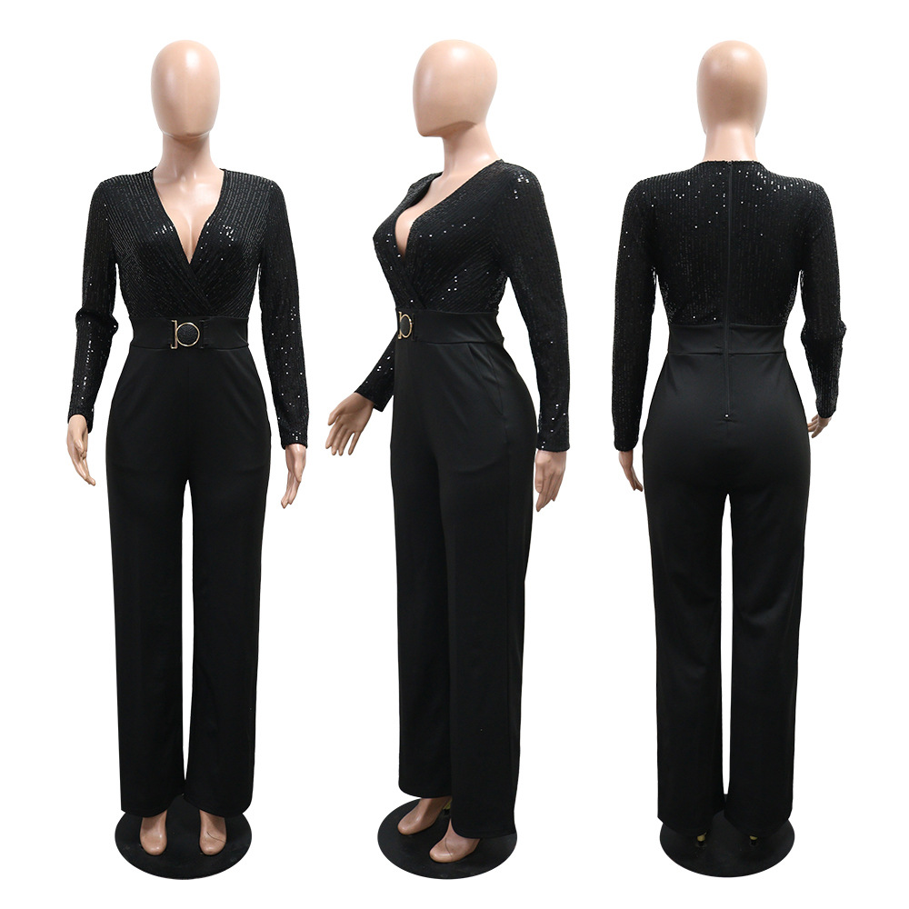 Sexy long sleeve loose V-neck jumpsuit for women