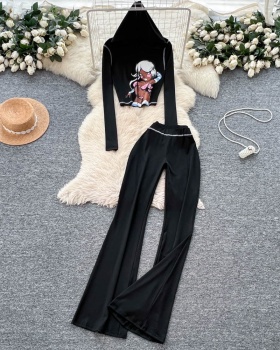Slim drape tops hooded high waist flare pants 2pcs set