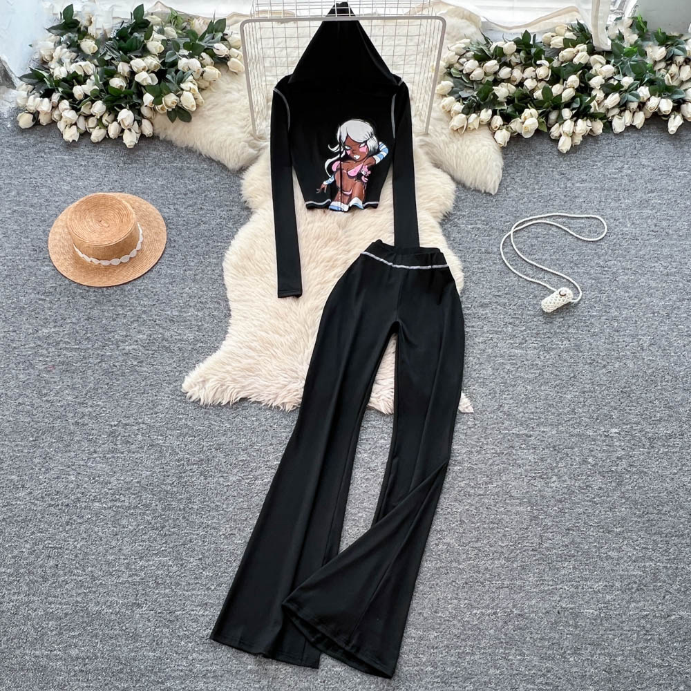 Slim drape tops hooded high waist flare pants 2pcs set