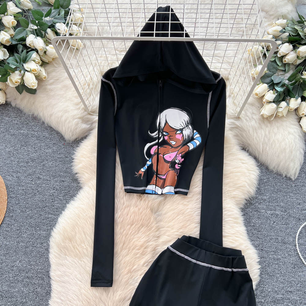 Slim drape tops hooded high waist flare pants 2pcs set