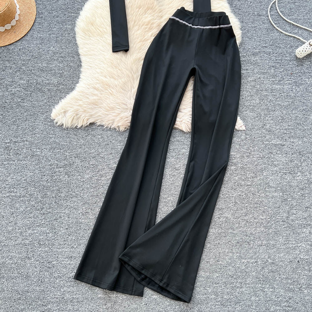 Slim drape tops hooded high waist flare pants 2pcs set