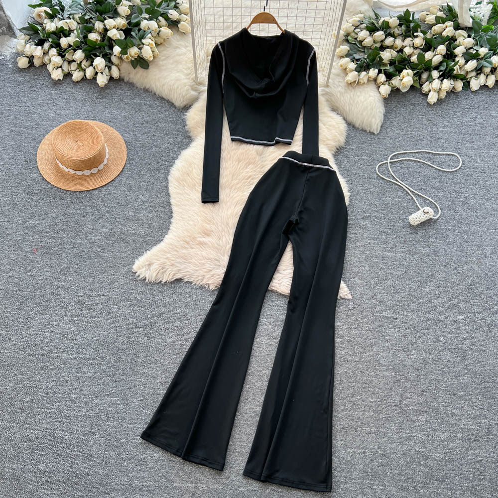 Slim drape tops hooded high waist flare pants 2pcs set