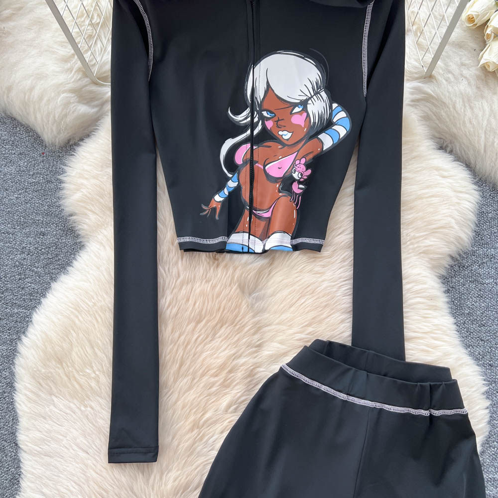 Slim drape tops hooded high waist flare pants 2pcs set