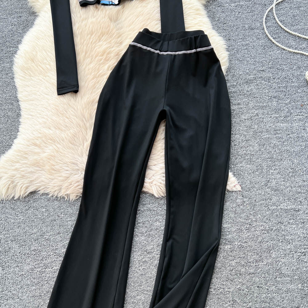 Slim drape tops hooded high waist flare pants 2pcs set