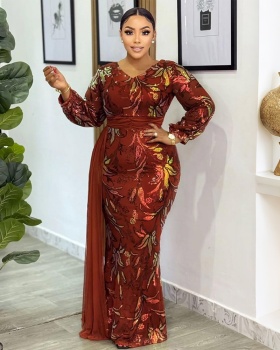 European style sequins long dress long sleeve dress