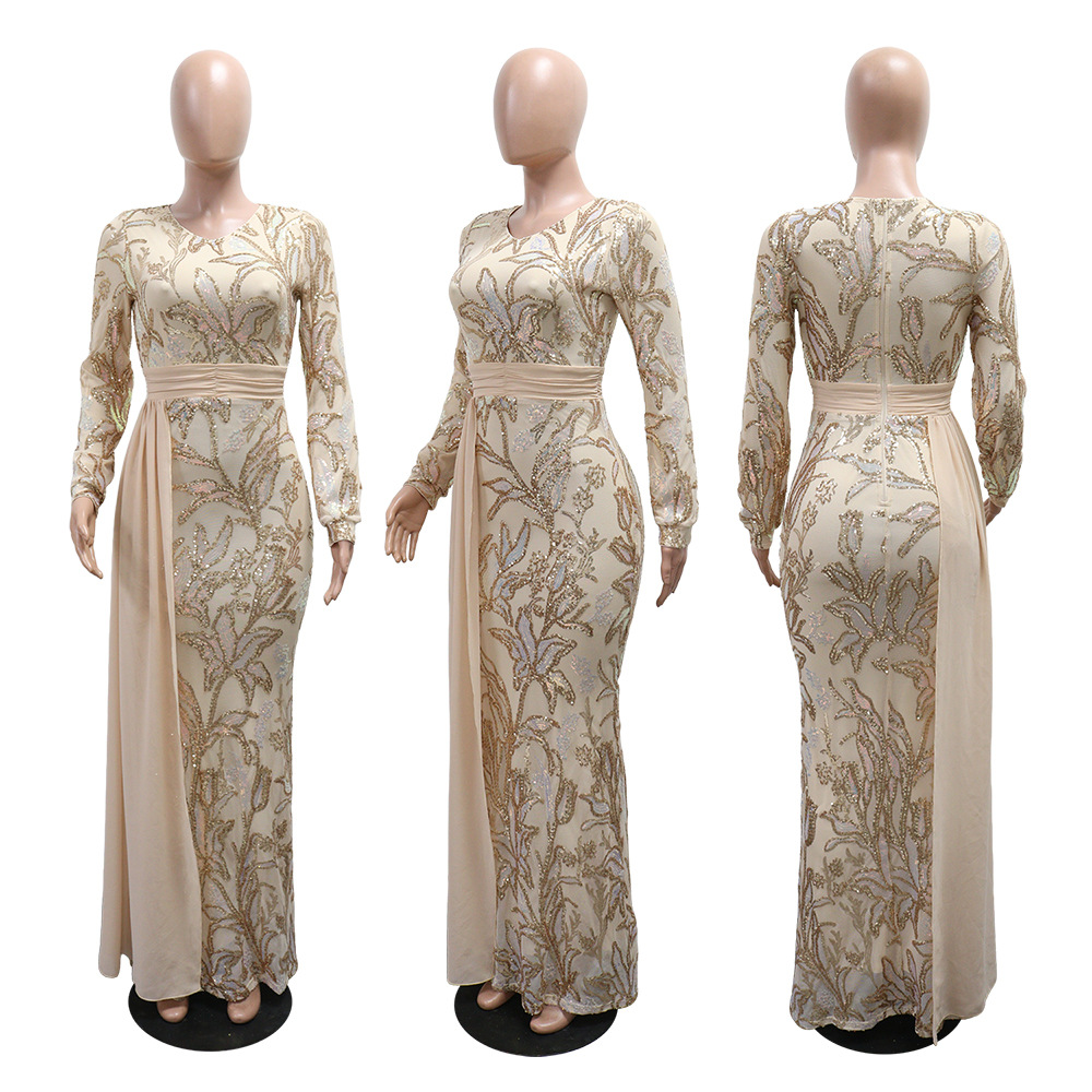 European style sequins long dress long sleeve dress