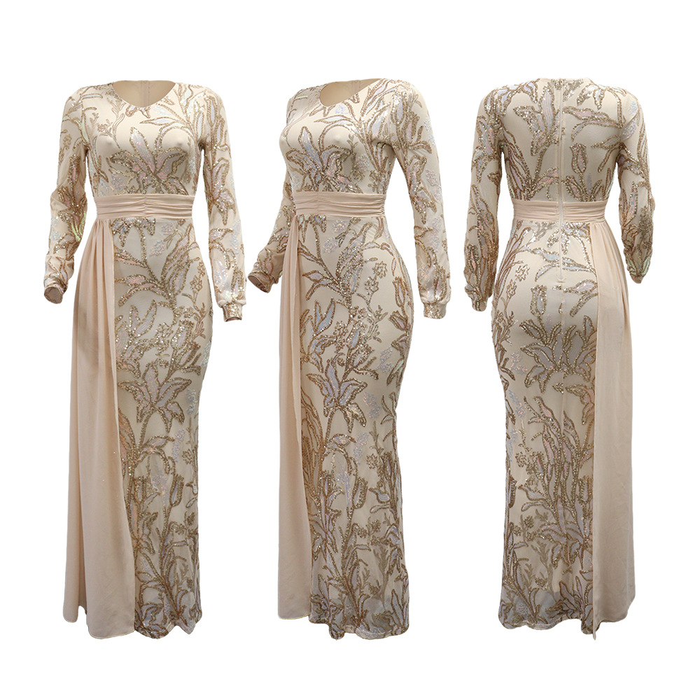 European style sequins long dress long sleeve dress