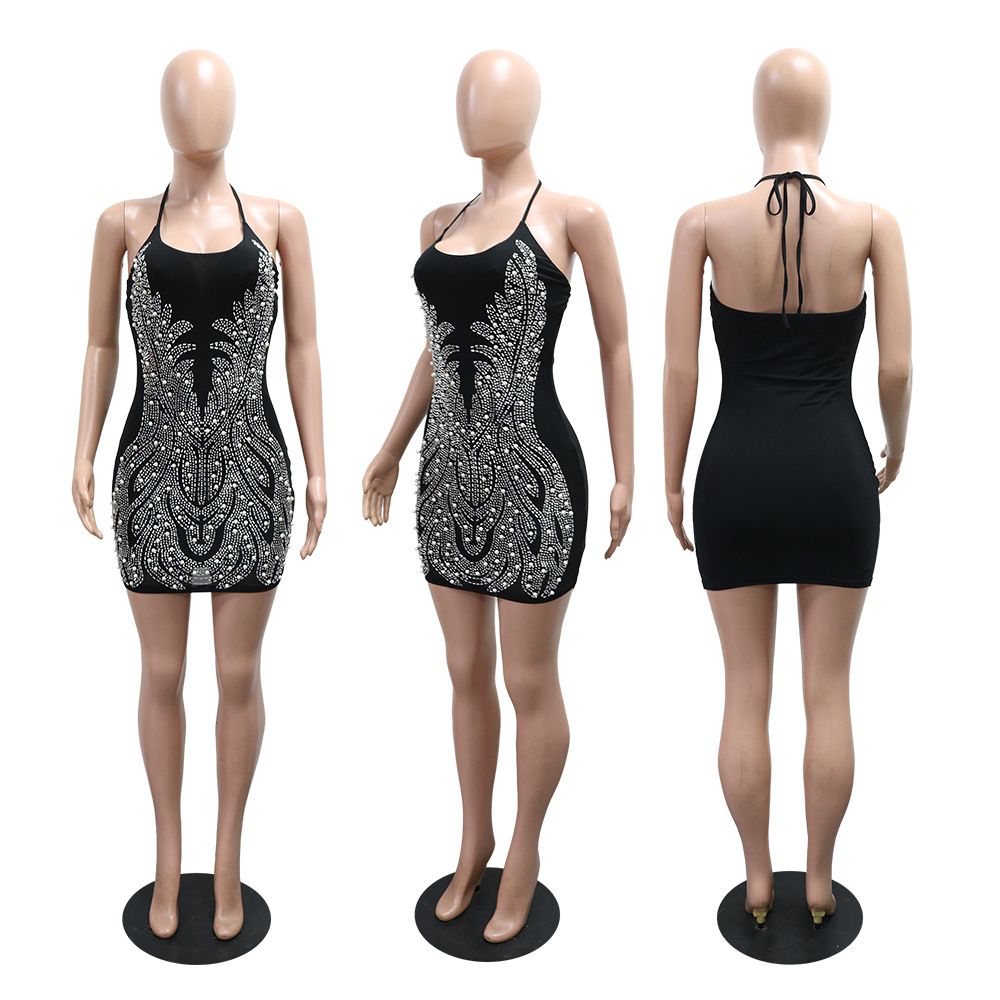 Sexy rhinestone evening dress European style T-back for women