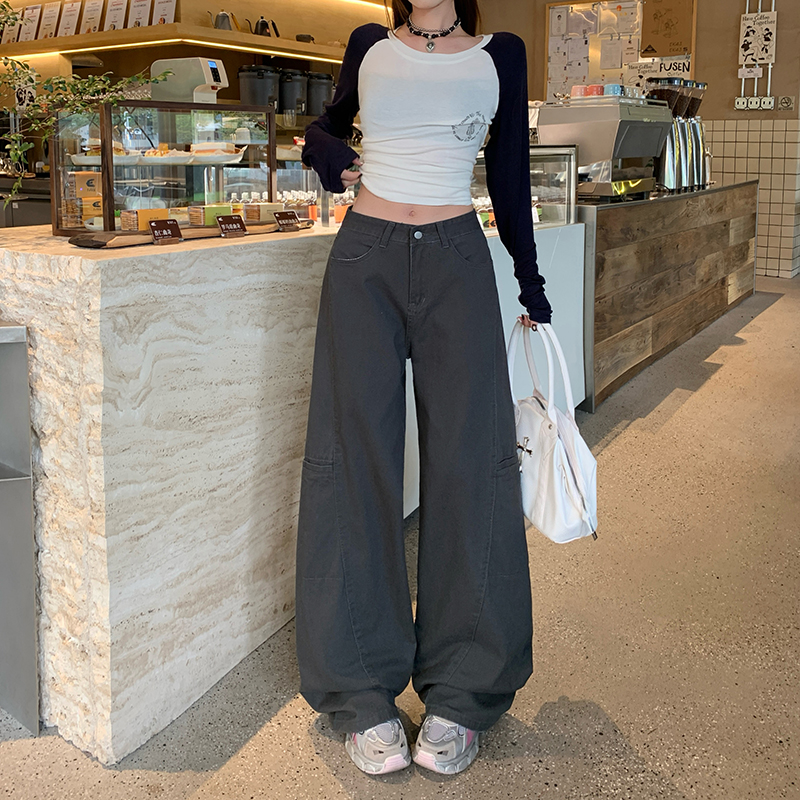 Wide leg spring straight work pants gray Casual jeans