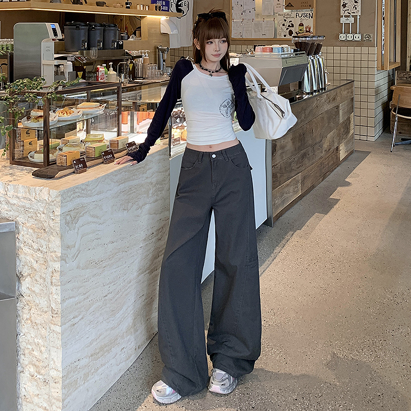 Wide leg spring straight work pants gray Casual jeans