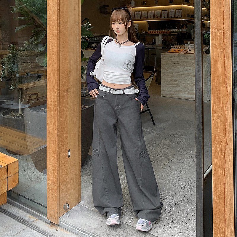 Wide leg spring straight work pants gray Casual jeans