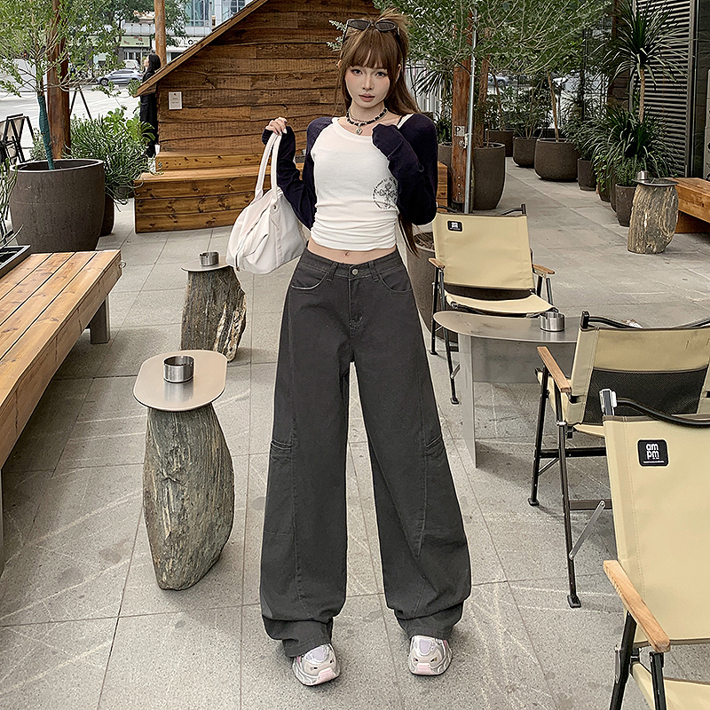Wide leg spring straight work pants gray Casual jeans