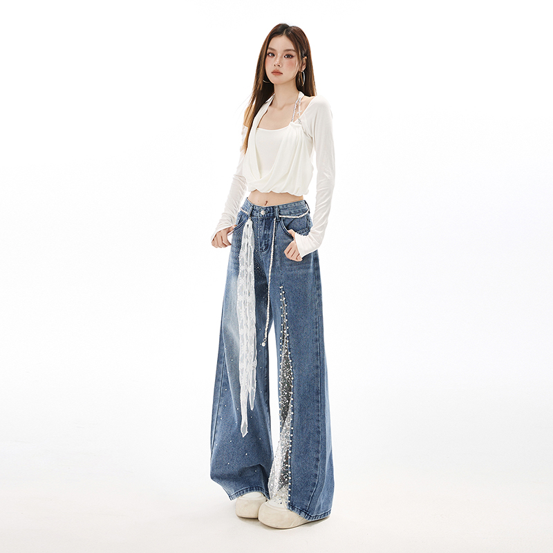 Splice all-match rhinestone diamond mopping jeans