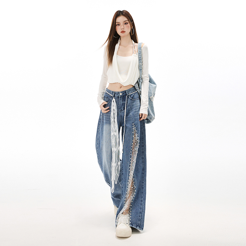 Splice all-match rhinestone diamond mopping jeans