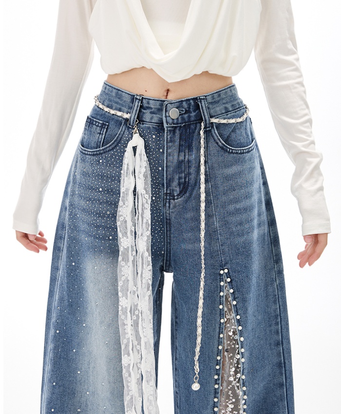 Splice all-match rhinestone diamond mopping jeans