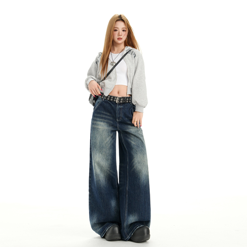 Retro American style wide leg pants loose straight jeans