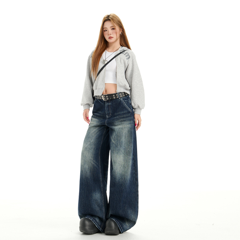Retro American style wide leg pants loose straight jeans