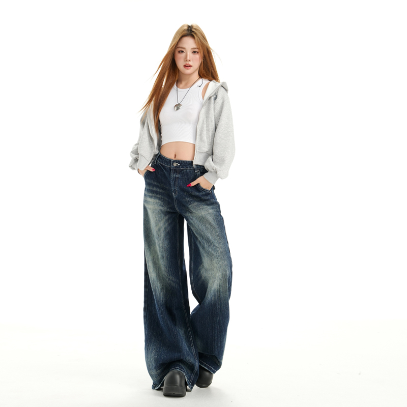 Retro American style wide leg pants loose straight jeans