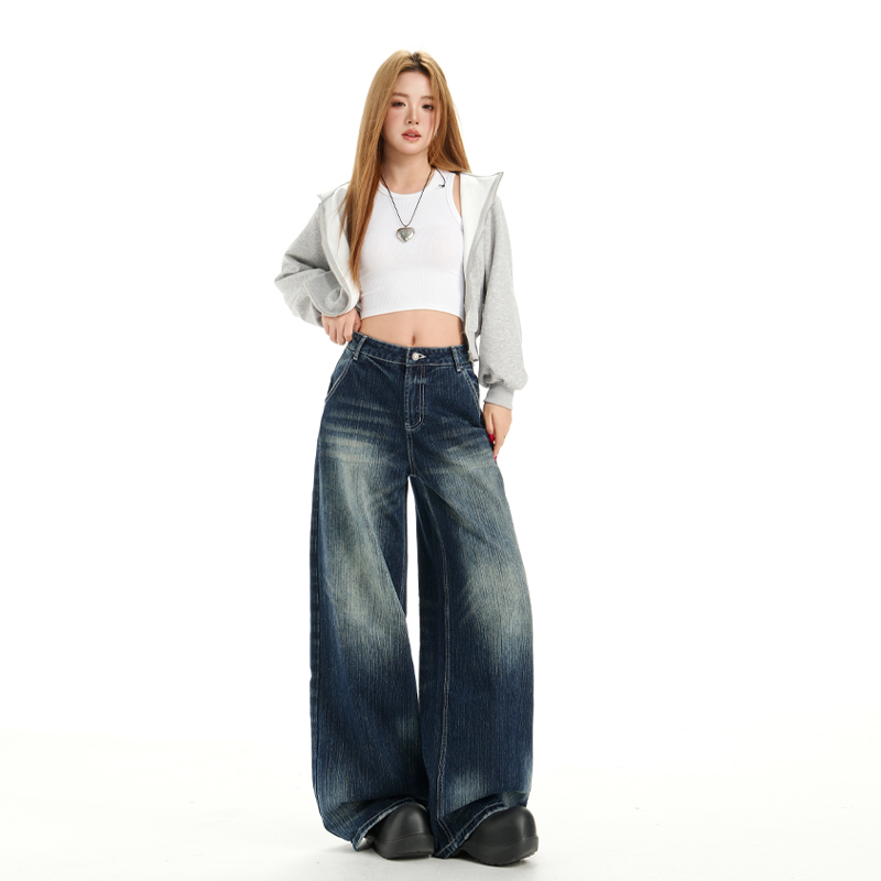 Retro American style wide leg pants loose straight jeans