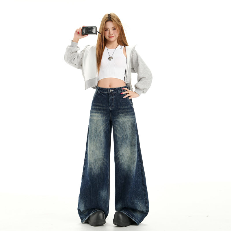 Retro American style wide leg pants loose straight jeans
