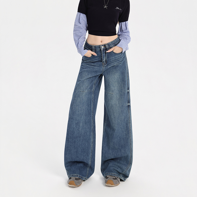 Drape high waist wide leg pants American style jeans for women