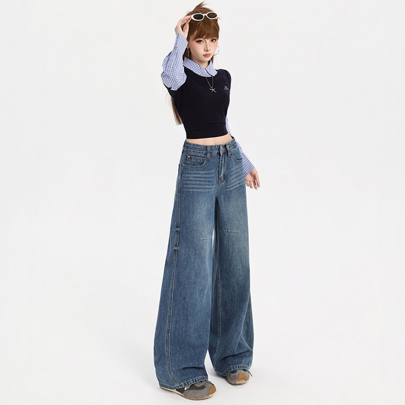 Drape high waist wide leg pants American style jeans for women