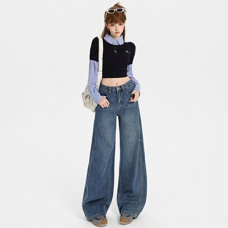 Drape high waist wide leg pants American style jeans for women