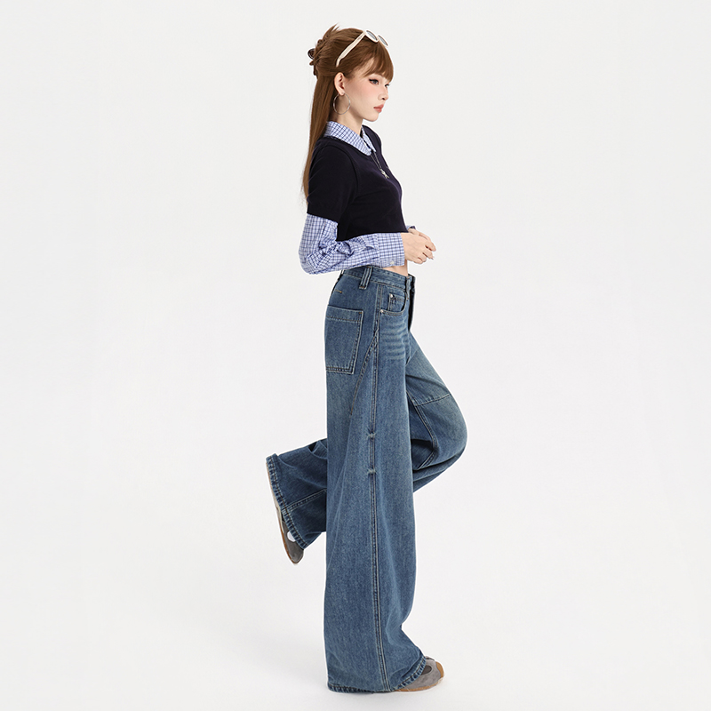 Drape high waist wide leg pants American style jeans for women