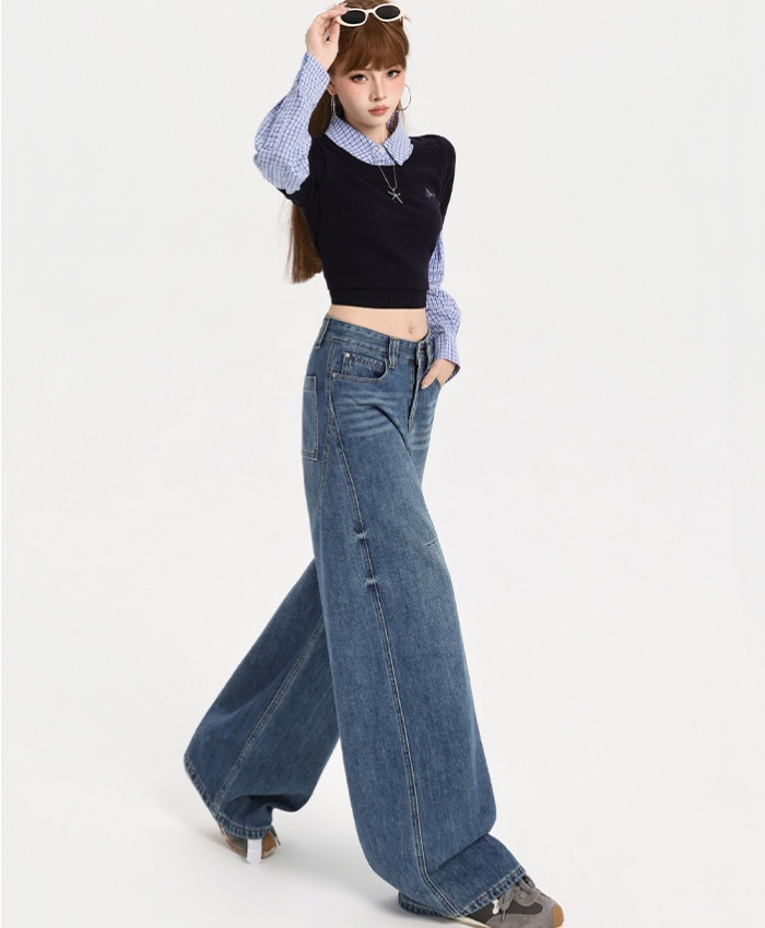 Drape high waist wide leg pants American style jeans for women