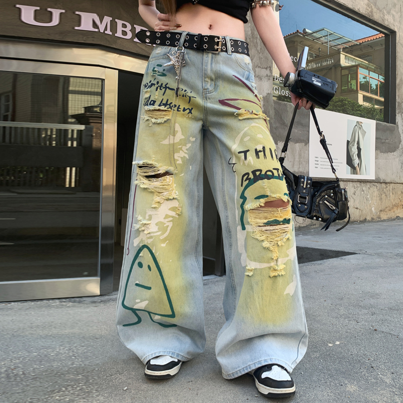 Printing lengthen jeans retro wide leg pants for women