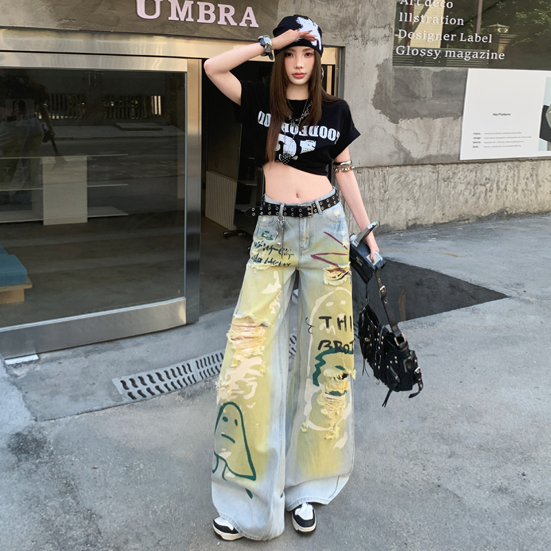 Printing lengthen jeans retro wide leg pants for women